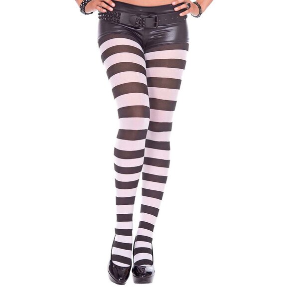 Wide Striped Nylon Tights Womens One Size OS Neon Green/Black Pantyhose Hosiery - Picture 5 of 5